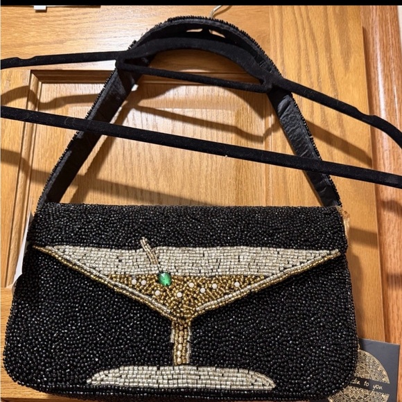 Handbags - Elegant Black Beaded Clutch with Martini Design
